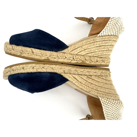 Kanna Espadrille Sandals 8 Blue Suede Peep-Toe Ankle Strap Jute Wedge Spain - Picture 11 of 15